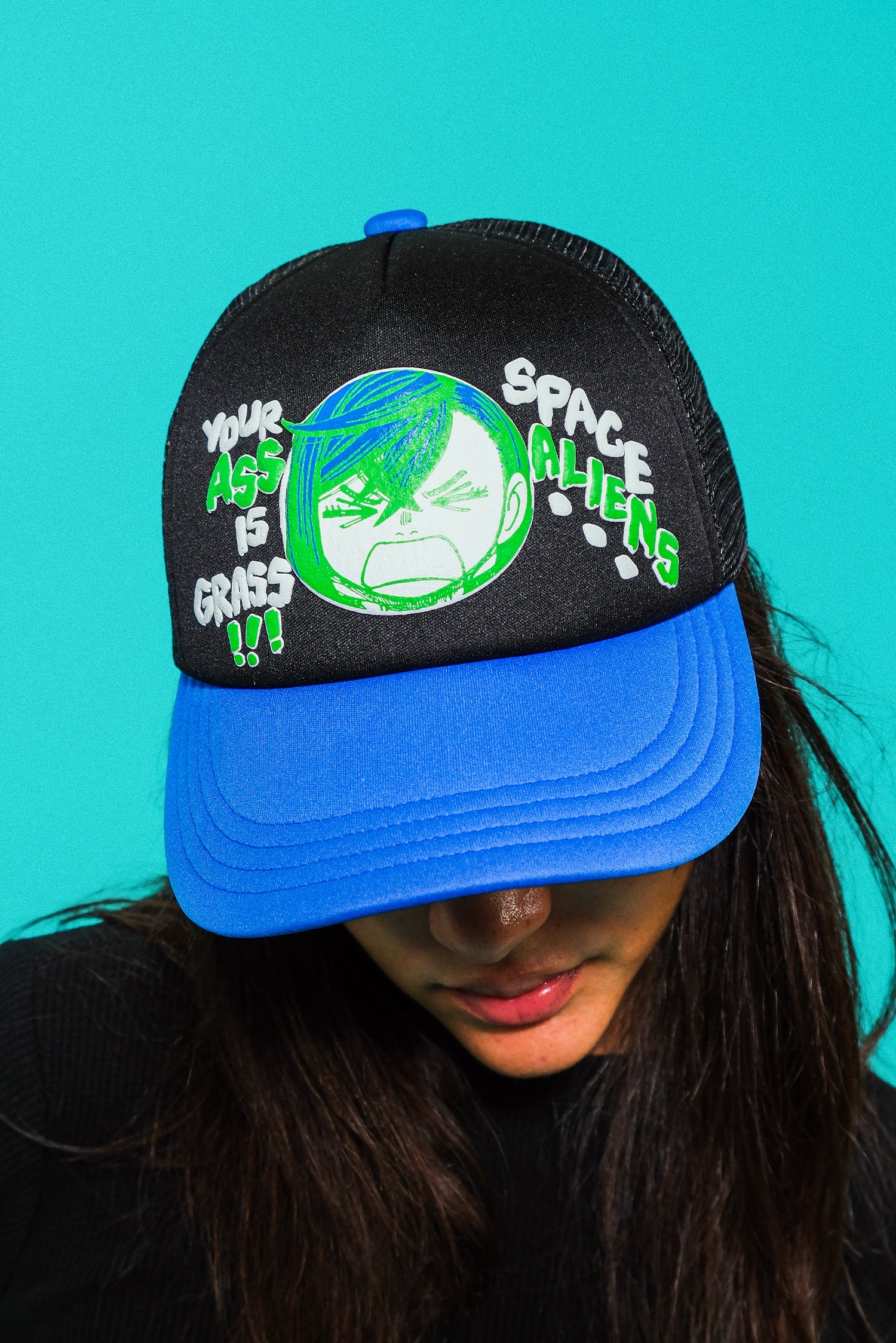 Your Ass is Grass Space Aliens Trucker Hat - Black/Blue from Shonen Jump Store